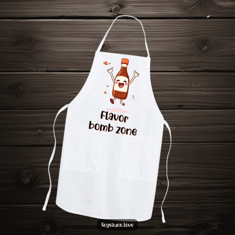 Funny Apron featuring a joyful soy sauce bottle in a celebratory jump, dripping happily.