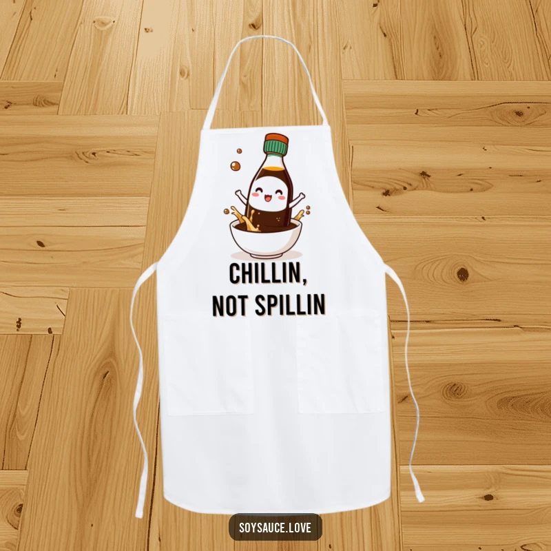 Funny apron showcasing a kawaii soy sauce bottle character wearing tiny sunglasses, looking cool while cooking.
