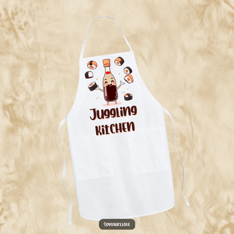 Funny soy sauce apron depicting a smiling bottle character juggling sushi pieces, adding fun to cooking.