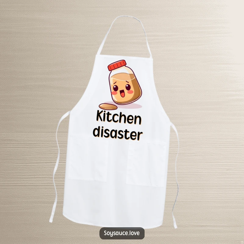 Funny Kawaii Soy Sauce Apron, a soy sauce container tipping over with surprise, humorous kitchen wear.