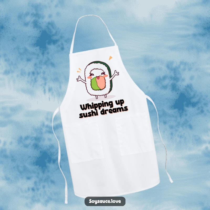 Funny kawaii sushi roll with arms outstretched, doing a silly dance and winking, practical and humorous kitchen apron.