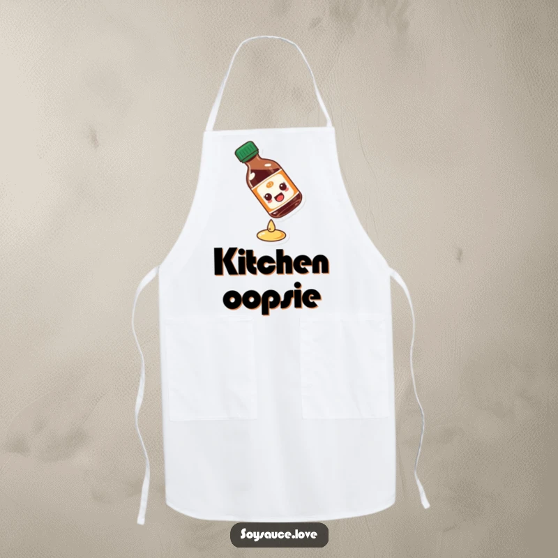 Funny soy sauce bottle apron depicting a character comically slipping on liquid, adding a humorous and practical touch to cooking.