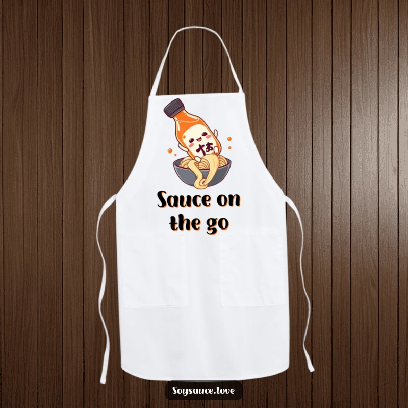 Funny anthropomorphic soy sauce bottle sliding down a noodle, featured on a functional apron for humorous kitchen activities.