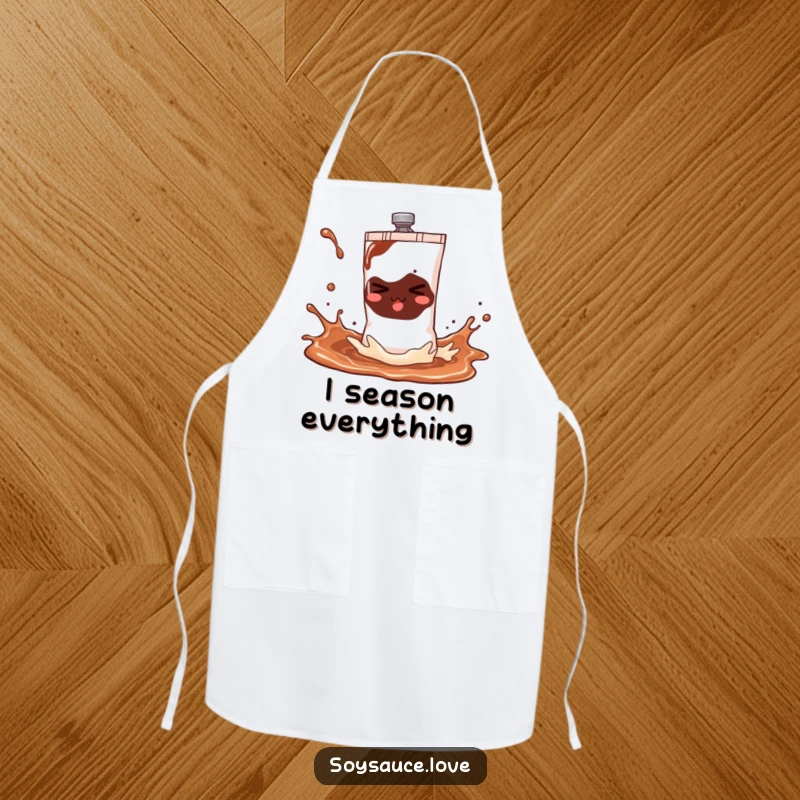 Funny soy sauce sachet apron depicting a mischievous character playfully splashing, adding a humorous and practical touch to kitchen activities.