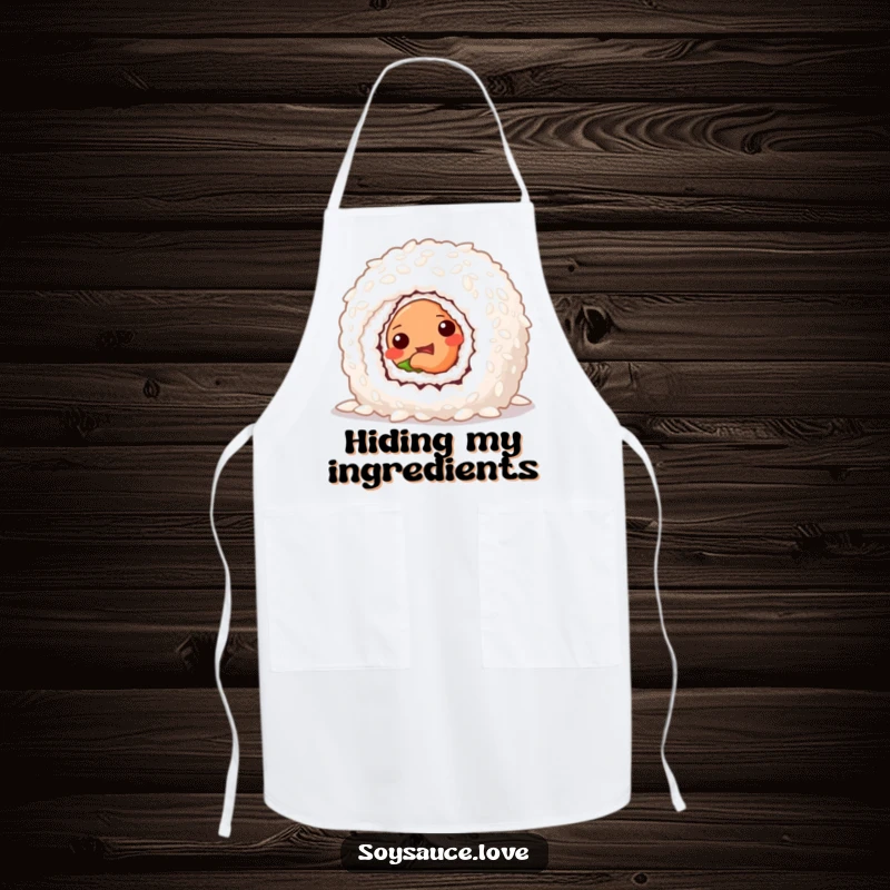 Funny apron featuring a mischievous sushi roll peeking from behind a grain of rice, ideal for kitchen fun.