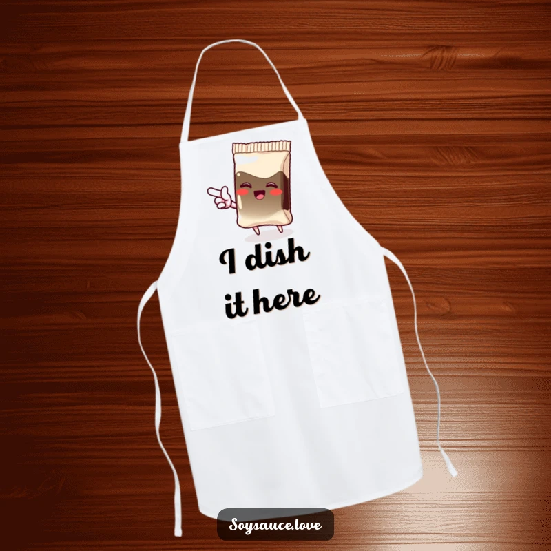 Funny apron with a giggling kawaii soy sauce packet pointing with excitement, perfect for a humorous and delightful cooking experience.