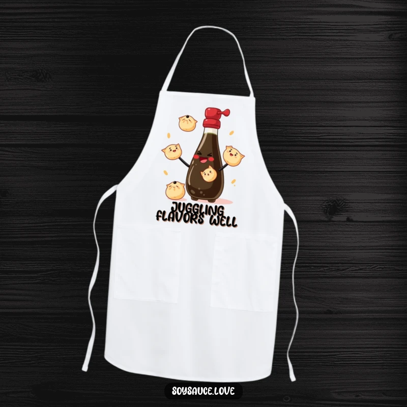 Funny Apron: A chef's accessory featuring a soy sauce bottle skillfully juggling dumplings, adding fun to cooking.