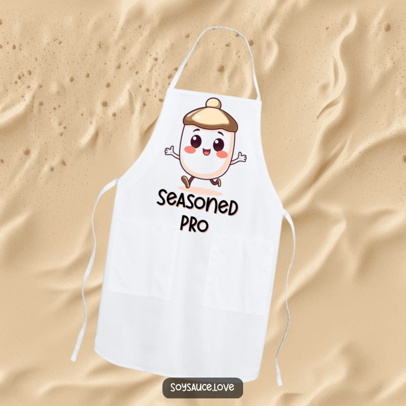 Funny cooking apron with a soy sauce cap character with large, happy eyes doing a little hop.