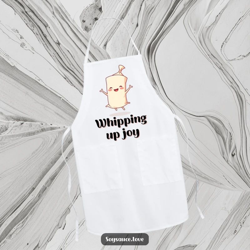 Funny apron with a joyful wonton wrapper character doing a twirl, perfect for adding fun to cooking and baking.