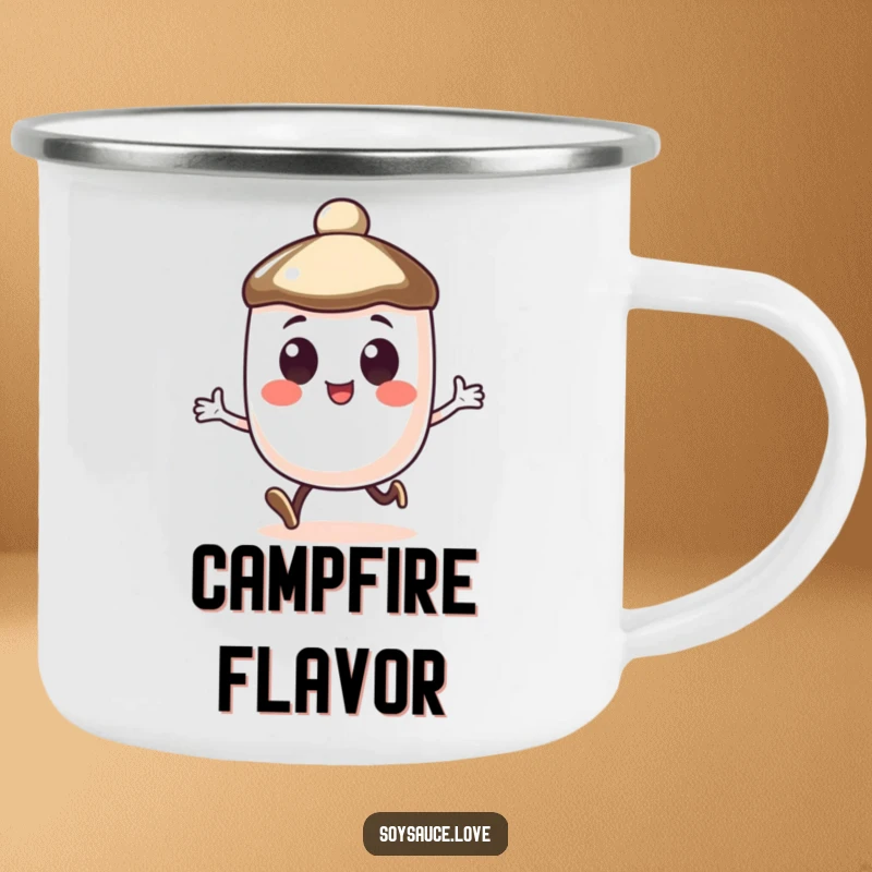 Funny enamel camping mug with a soy sauce cap character doing a happy little hop outdoors.
