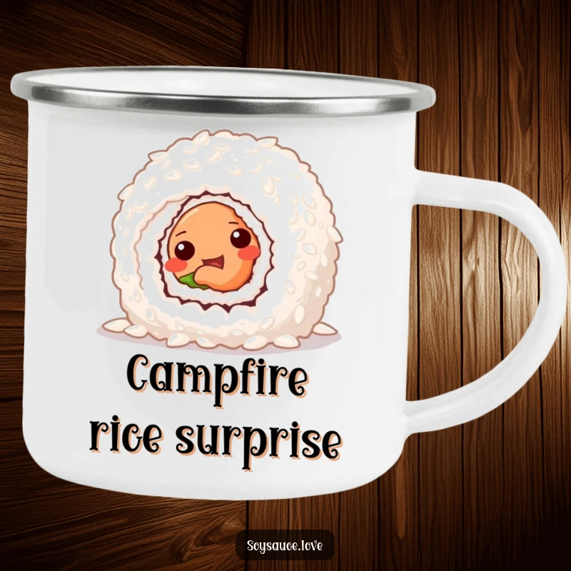Funny camping mug with a mischievous sushi roll peeking from behind rice, ideal for outdoor dining and drinks.