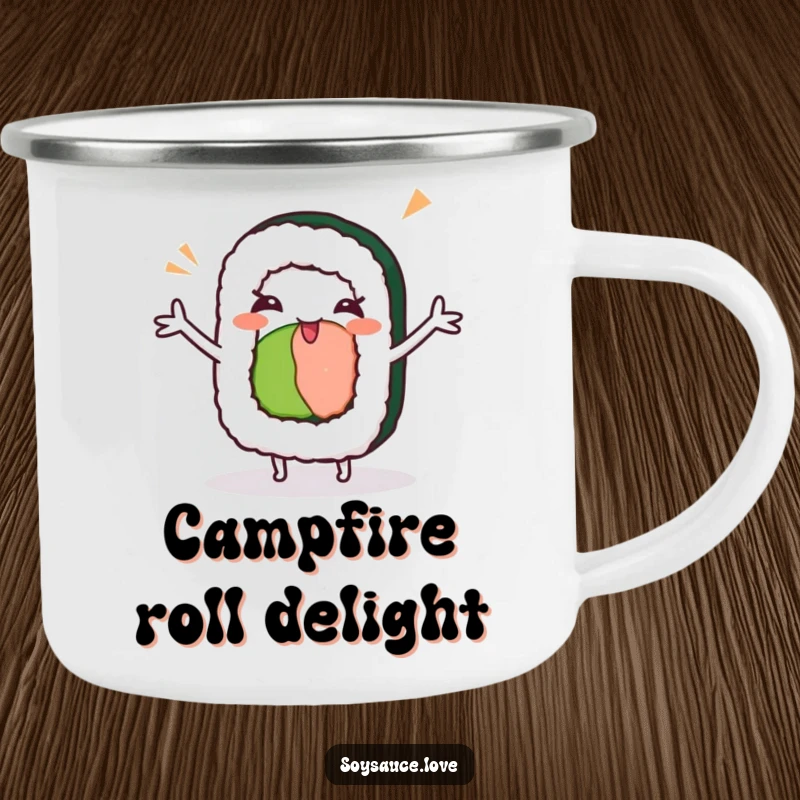 Funny kawaii sushi roll with arms outstretched, doing a silly dance and winking, durable and humorous camping mug.