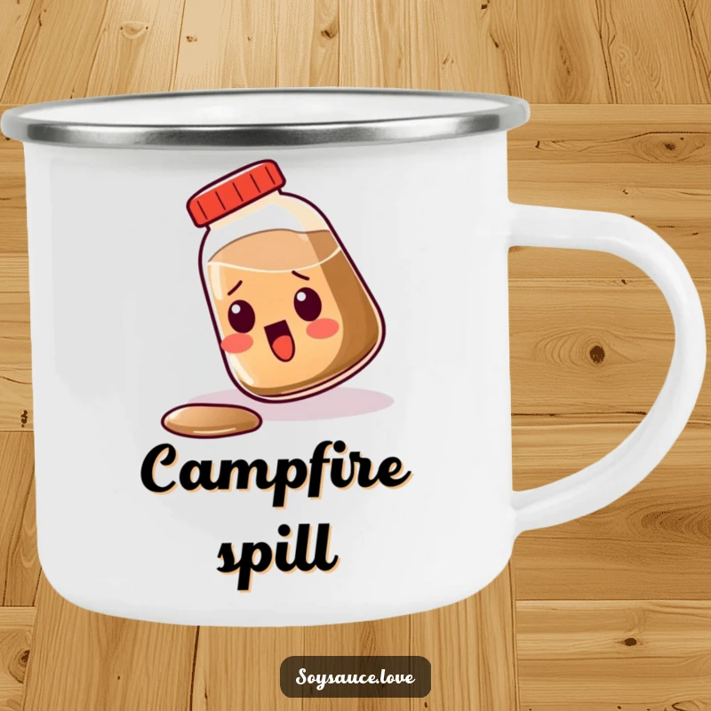 Funny Kawaii Soy Sauce Camping Mug, a soy sauce container tipping over with surprise, durable and humorous outdoor mug.