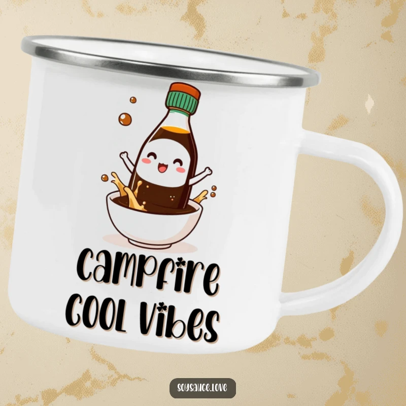 Funny camping mug with a cute kawaii soy sauce bottle character wearing tiny sunglasses, looking cool outdoors.