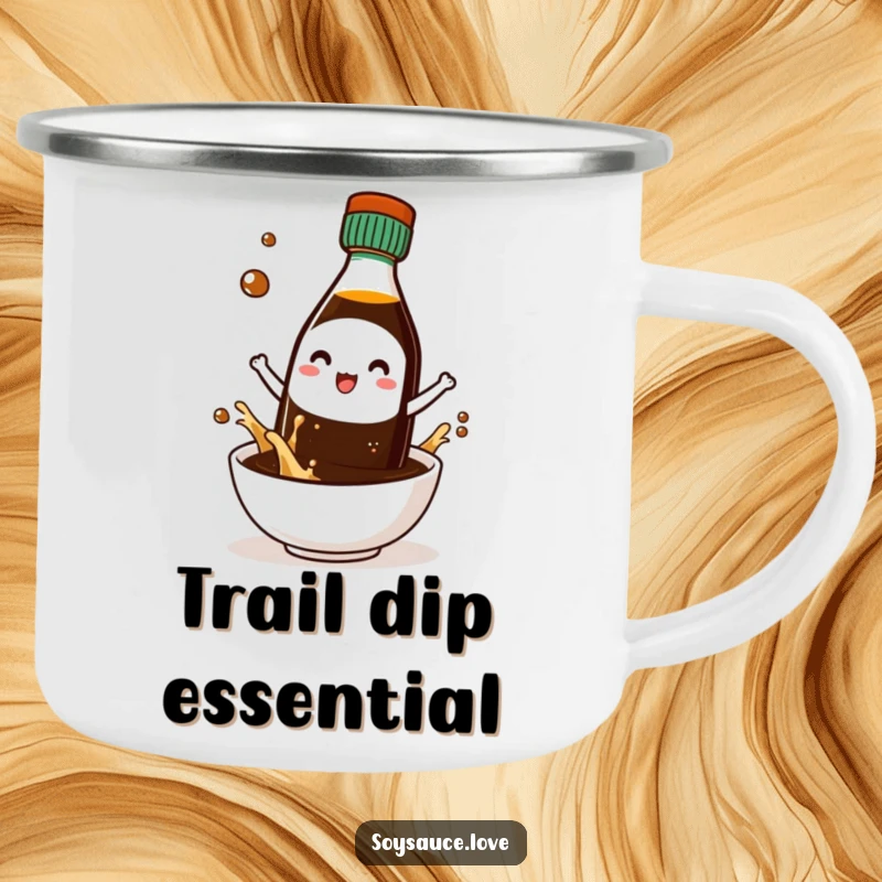 Funny camping mug with a cute kawaii soy sauce bottle character joyfully splashing into a tiny bowl, ready for outdoors.