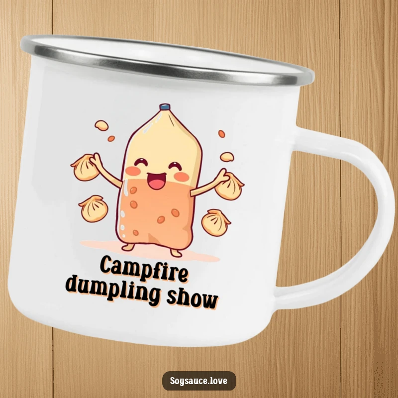 Funny soy sauce sachet character juggling dumplings on a robust camping mug, bringing culinary humor to outdoor settings.