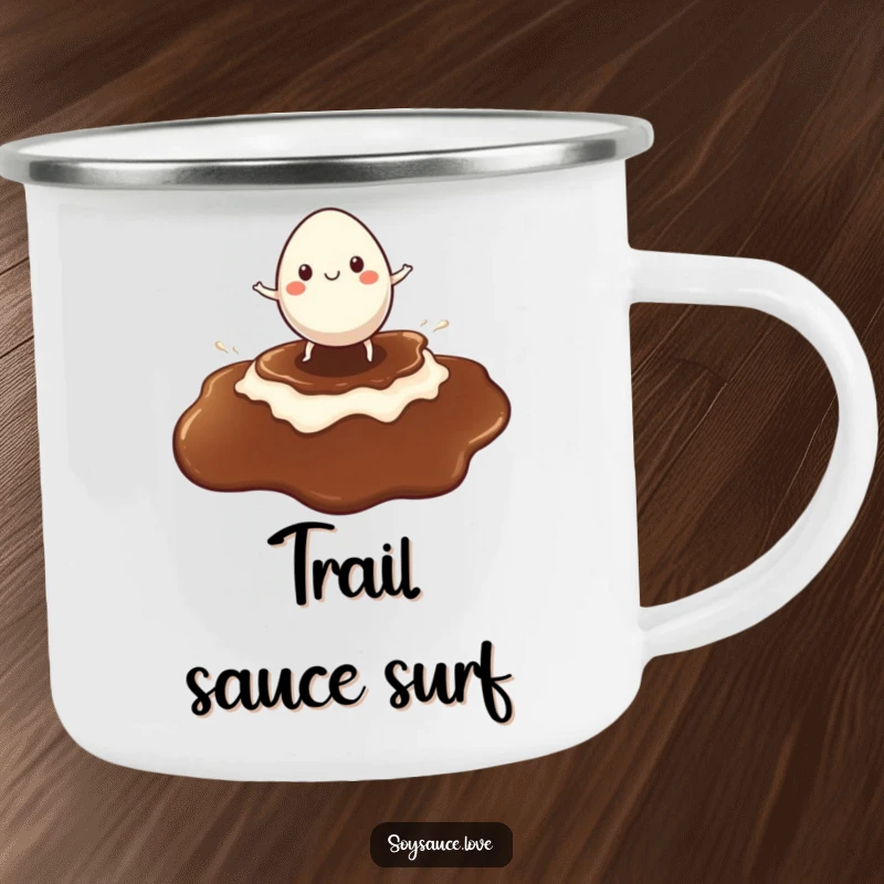Funny camping mug with a cheerful egg character surfing a soy sauce puddle, ideal for outdoor enjoyment and warm beverages.