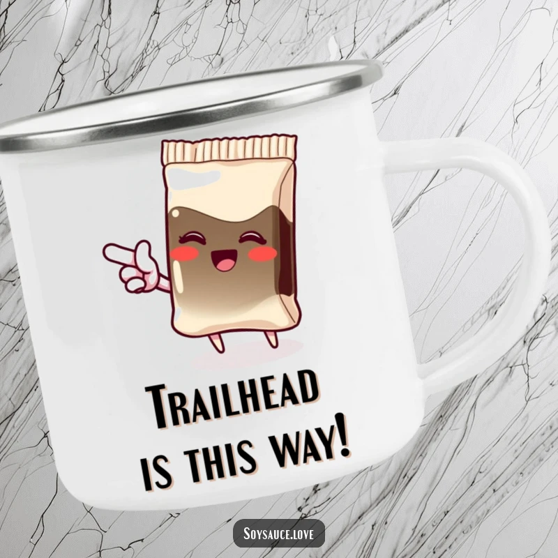 Funny camping mug showcasing a giggling kawaii soy sauce packet pointing with an excited flourish, perfect for outdoor enjoyment and humor.