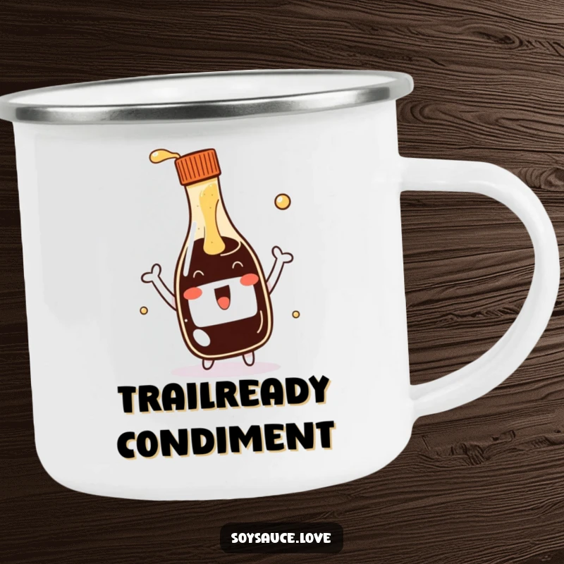 Funny kawaii soy sauce bottle enamel camping mug, showing an excited bottle pouring a splash, designed for rugged fun and humor.