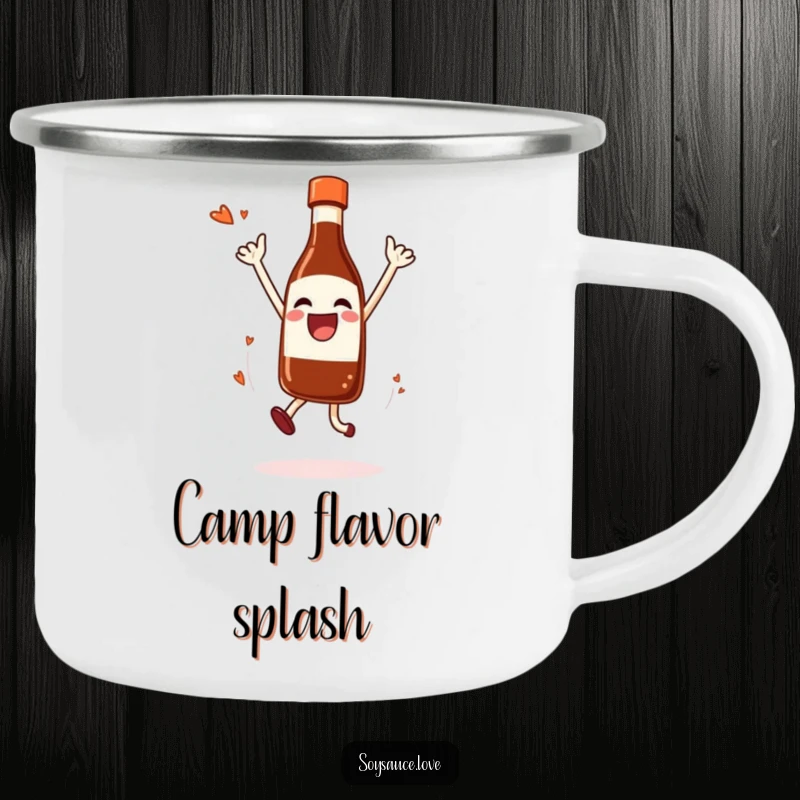 Funny Camping Mug featuring a joyful soy sauce bottle in a celebratory jump, dripping happily.