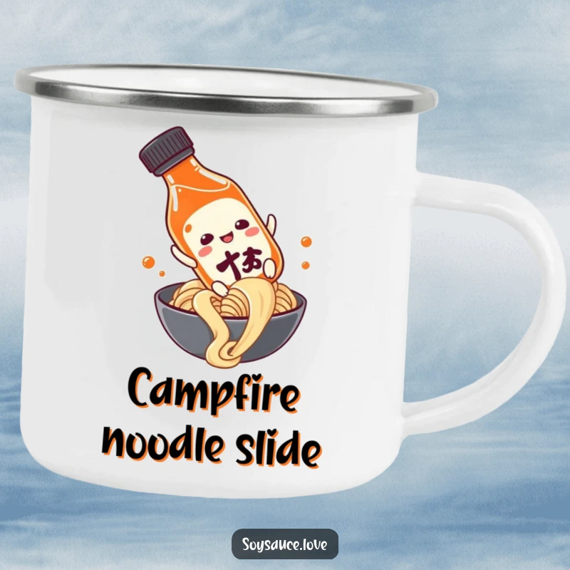 Funny soy sauce bottle character sliding down a noodle on a robust camping mug, bringing humor to outdoor settings.