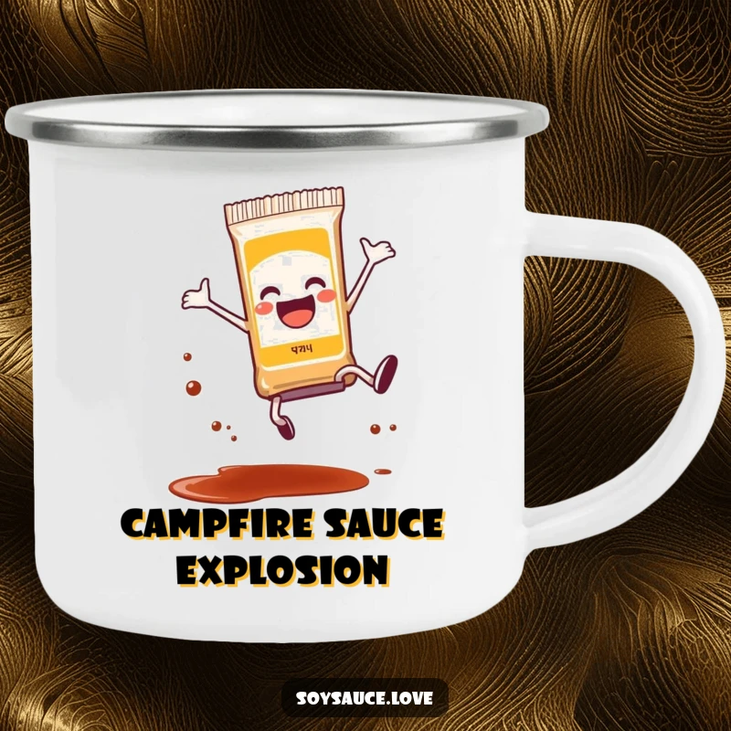 Funny anthropomorphic soy sauce packet doing a joyful cartwheel, with a tiny bit of splatter, durable and humorous camping mug.