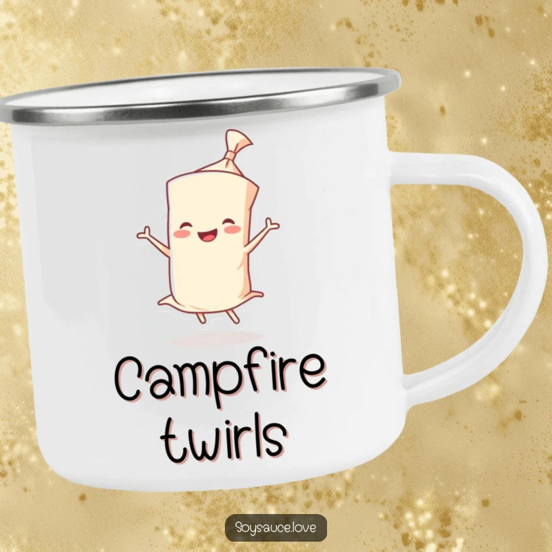Funny camping mug with a joyful wonton wrapper character twirling, ideal for outdoor enjoyment and warm beverages.
