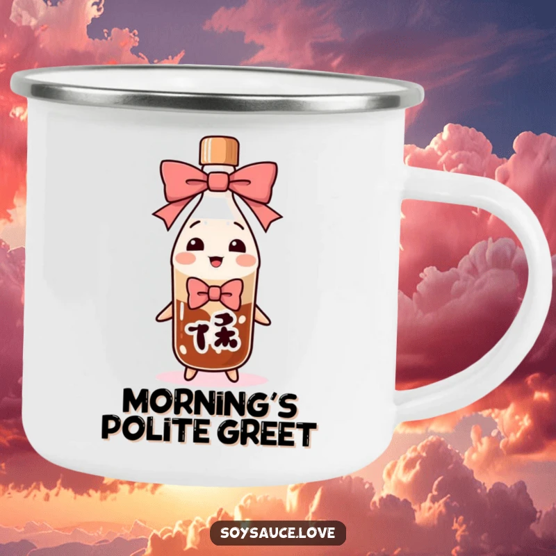 Funny soy sauce bottle character in an exaggerated bow on a robust camping mug, bringing polite humor to outdoor settings.