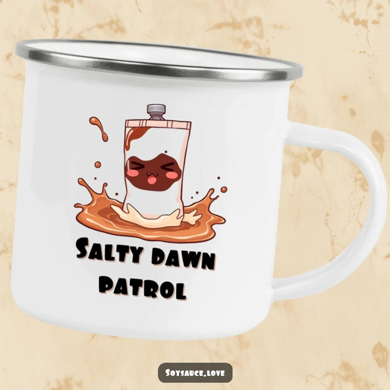 Funny soy sauce sachet camping mug with a mischievous character in a playful splash, ideal for outdoor enthusiasts who appreciate humor.