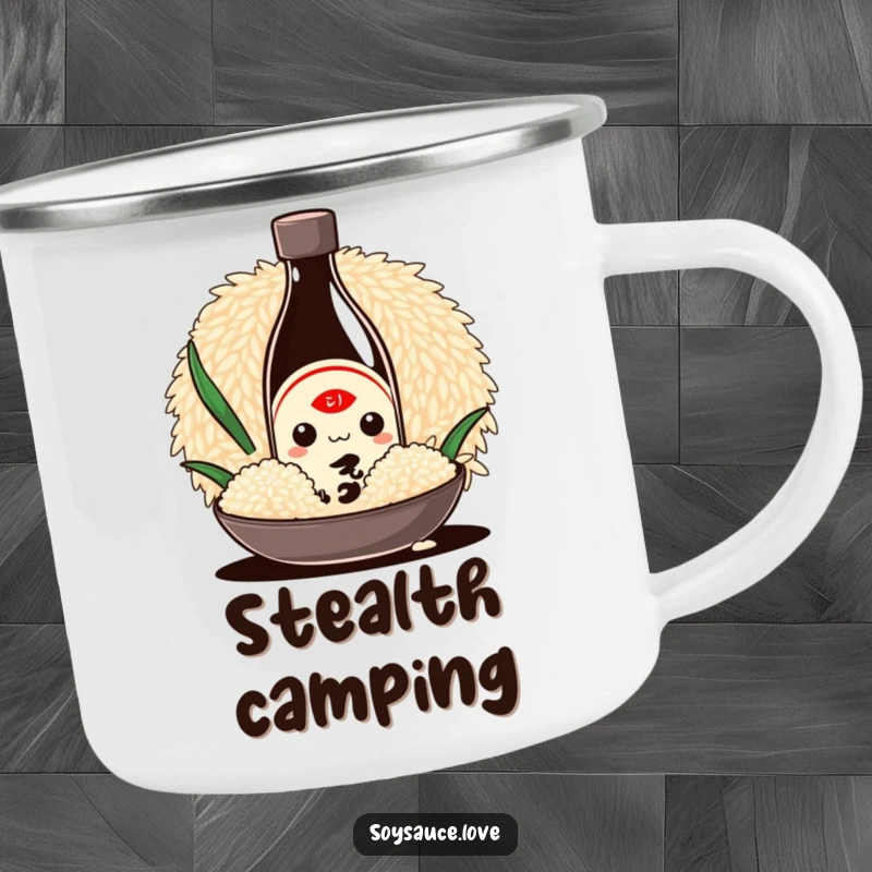 Funny Kawaii camping mug featuring a cute soy sauce bottle character hiding behind a grain of rice, perfect for outdoor fun and foodie humor.
