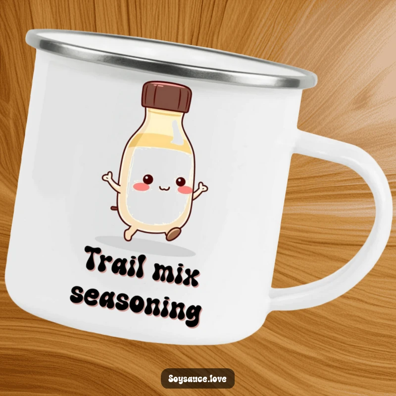 Funny Kawaii Soy Sauce Camping Mug: A cute soy sauce bottle hops with joy, making outdoor drinks fun and spirited.