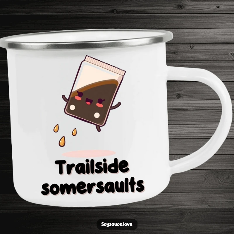 Funny camping mug showcasing a kawaii soy sauce packet performing a cartwheel, with a trail of droplets, perfect for outdoor fun.
