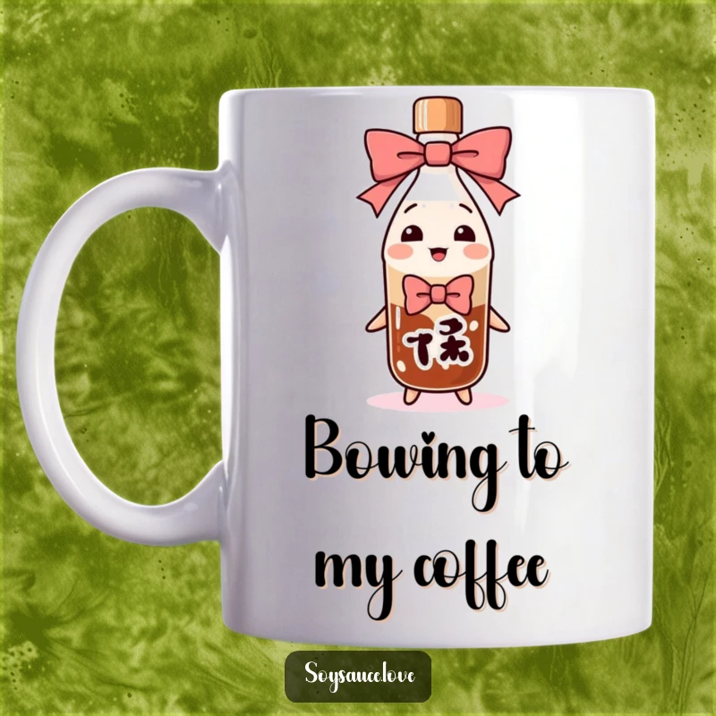 Funny anthropomorphic soy sauce bottle in a deep, exaggerated bow, depicted on a mug for polite and humorous appreciation.