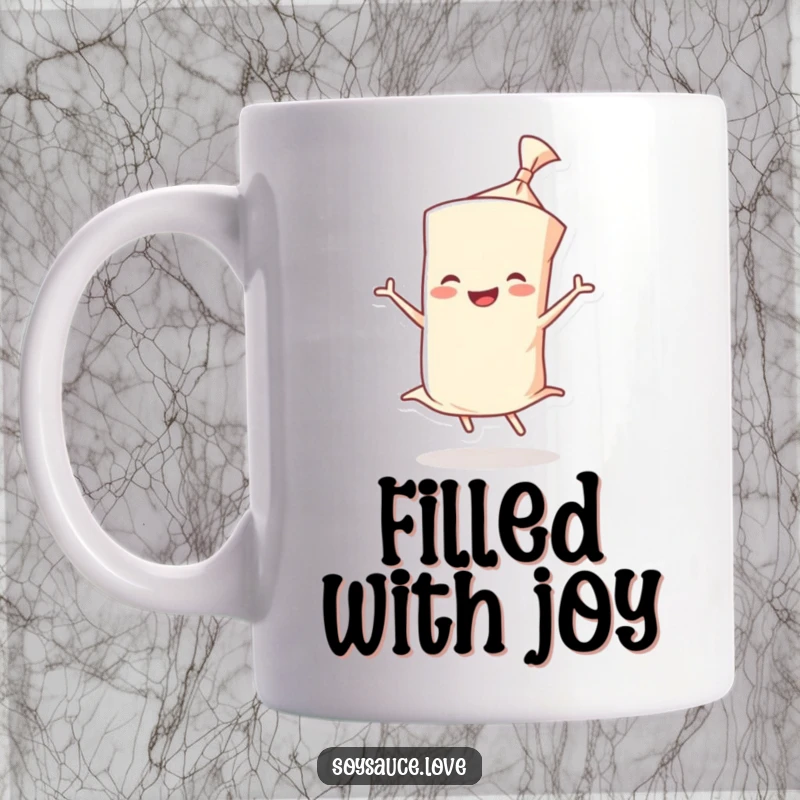 Funny mug featuring a smiling wonton wrapper character joyfully doing a twirl, radiating pure happiness and energy.
