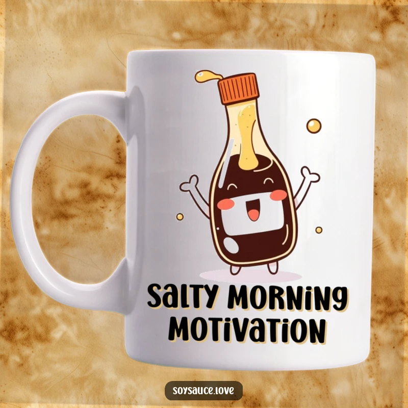 Funny kawaii soy sauce bottle mug with a cheerful expression enthusiastically pouring a splash from its spout, perfect for a humorous kitchen accessory.