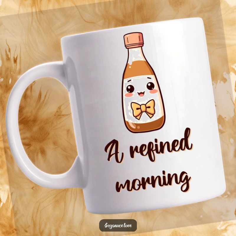 Funny Kawaii soy sauce bottle in a bow tie performing a graceful bow, elegantly designed on a mug.