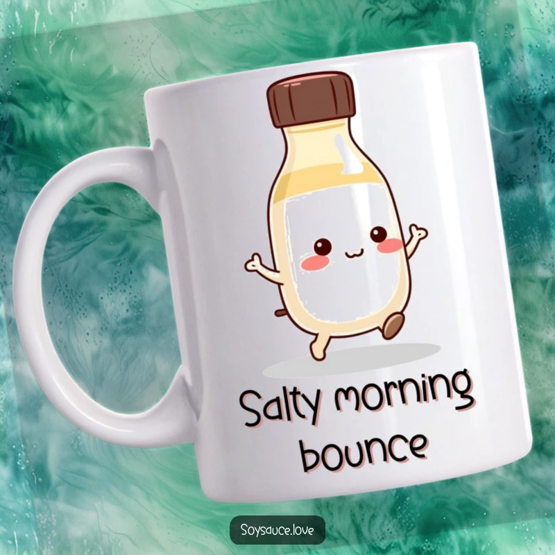 Funny Kawaii Soy Sauce Mug: A cute soy sauce bottle is captured mid-hop, radiating playful energy and condiment cheer.