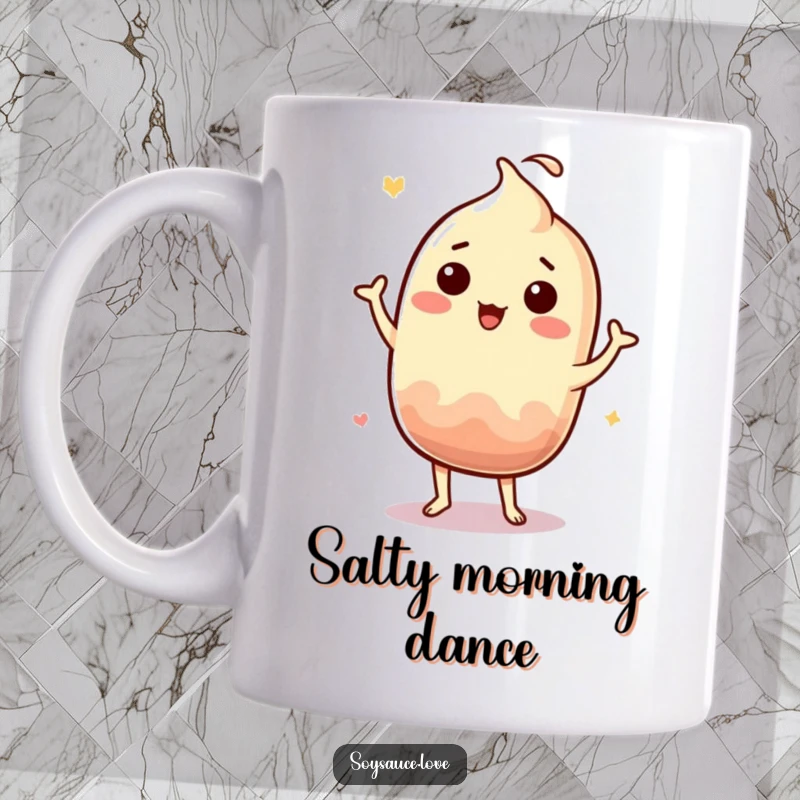 Funny Kawaii soy sauce character in a silly jig, full of motion and humor, on a mug.