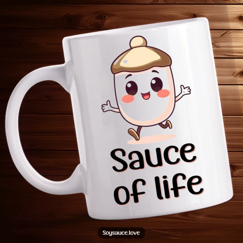 Funny mug featuring an anthropomorphic soy sauce cap with large, happy eyes, doing a joyful little hop.