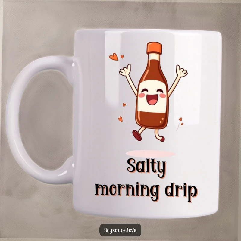 Funny Mug featuring a joyful soy sauce bottle gleefully jumping and splashing happily.