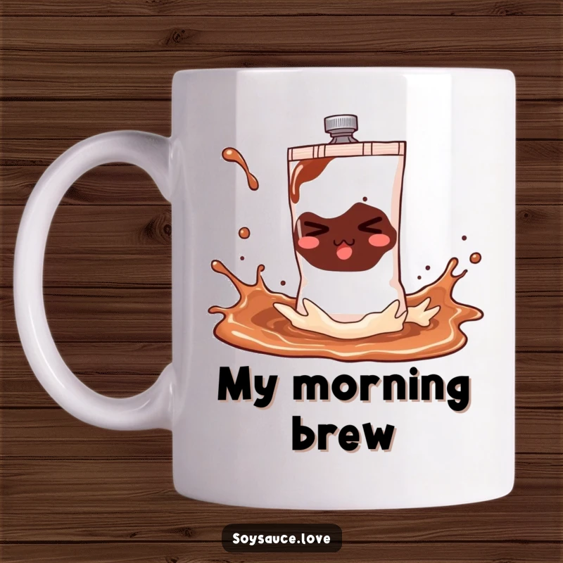 Funny soy sauce sachet mug with a mischievous expression, playfully splashing liquid with a gleeful look, perfect for gift.