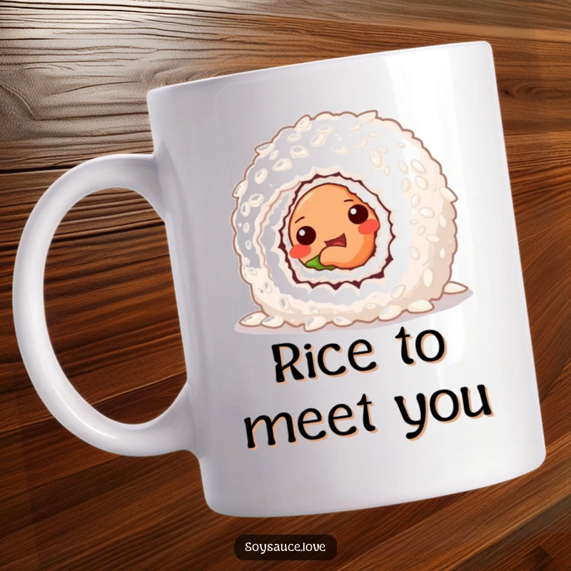 Funny mug featuring a mischievous sushi roll peeking playfully from behind a giant grain of rice, looking very cheeky.