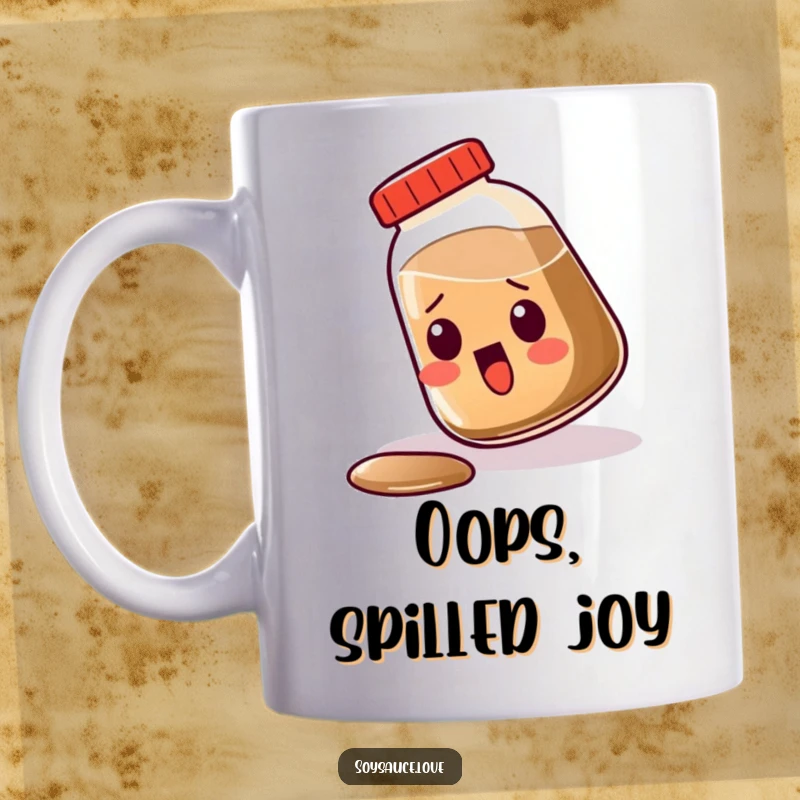 Funny Kawaii Soy Sauce Surprise Mug, a soy sauce bottle tipping over with a shocked expression, hilarious kitchen art.