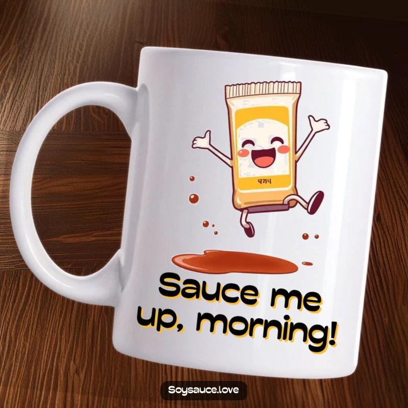 Funny anthropomorphic soy sauce packet doing a joyful cartwheel, with a tiny bit of splatter, dynamic and humorous mug.