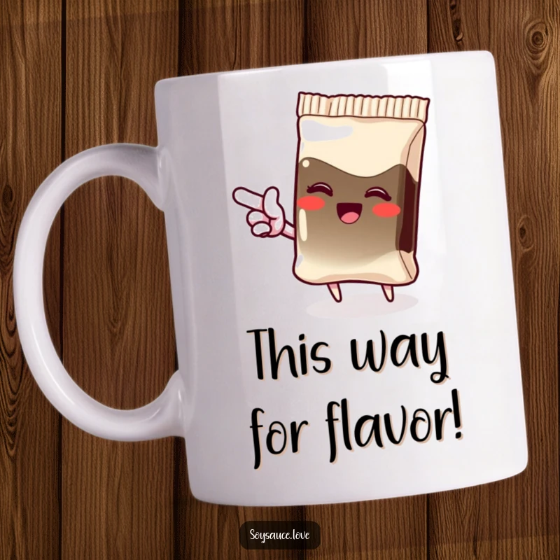 Funny mug featuring a giggling kawaii soy sauce packet pointing with an excited flourish, radiating pure joy and enthusiasm.