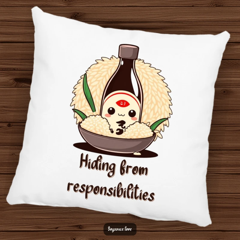 Funny Kawaii pillow with a shy soy sauce bottle character hiding behind a giant grain of rice, offering soft comfort and foodie charm.