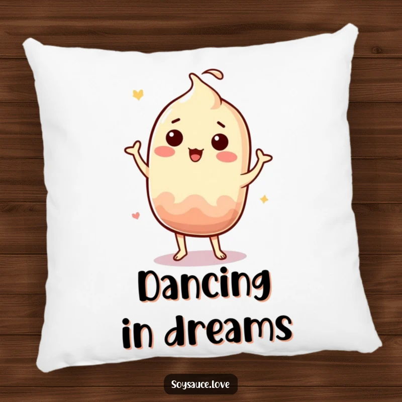 Funny Kawaii soy sauce character in a silly jig on a soft pillow, adding comfort and humor.