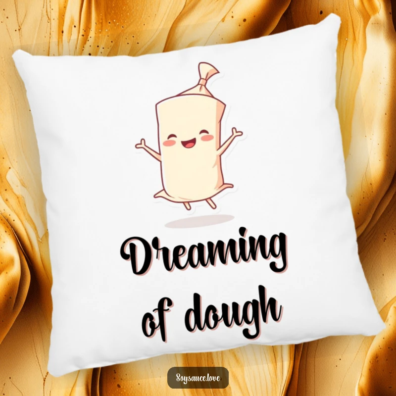 Funny pillow featuring a smiling wonton wrapper character in a happy twirl, offering comfort and a cheerful vibe.
