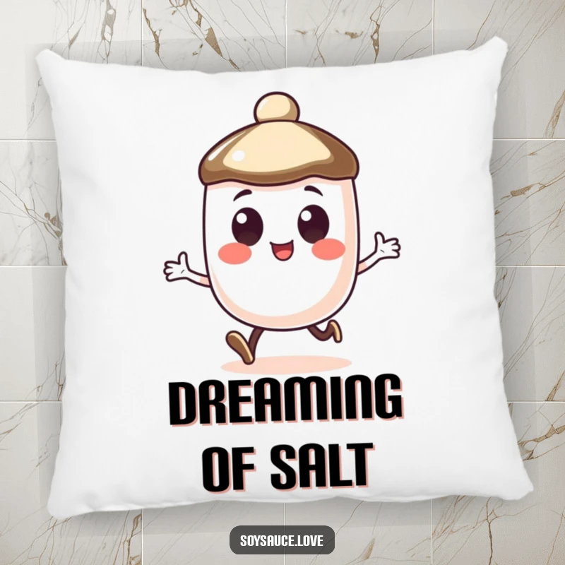 Funny decorative pillow featuring a soy sauce cap character with large, happy eyes, doing a little hop.