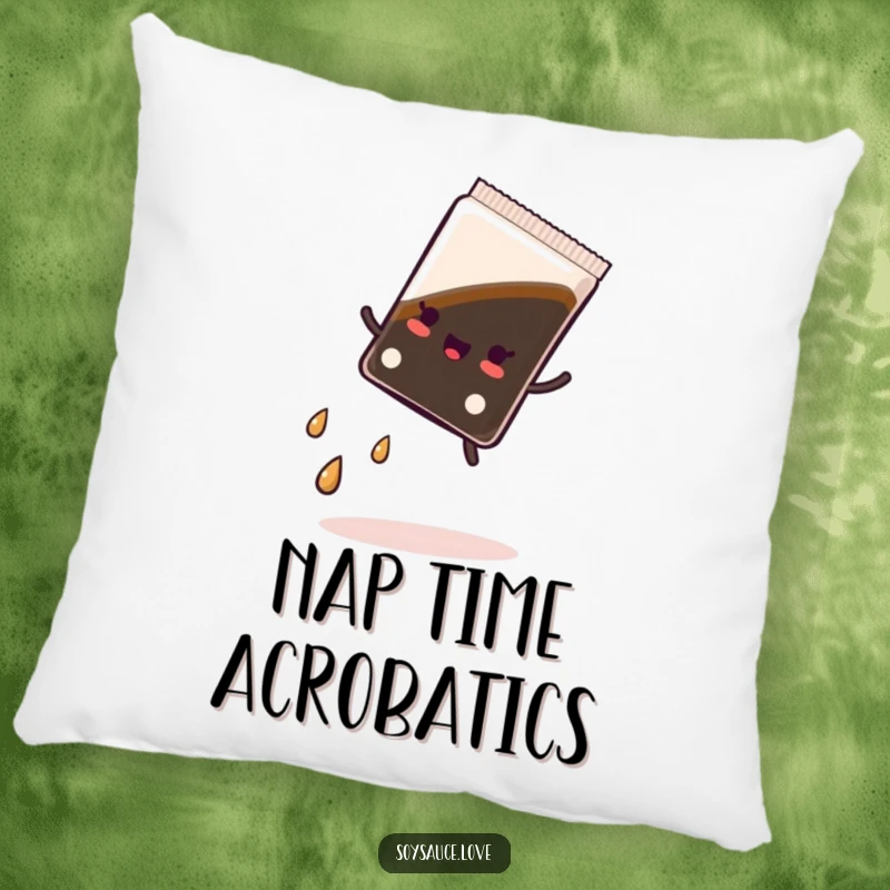Funny pillow featuring a kawaii soy sauce packet doing a cartwheel, with a trail of tiny droplets, perfect for adding a touch of humor.